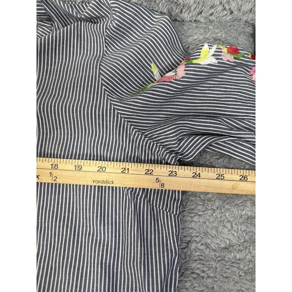 Talbots Womens Top Gray White Striped Floral Embroidered V-Neck Boho 1X Petite - Picture 9 of 13